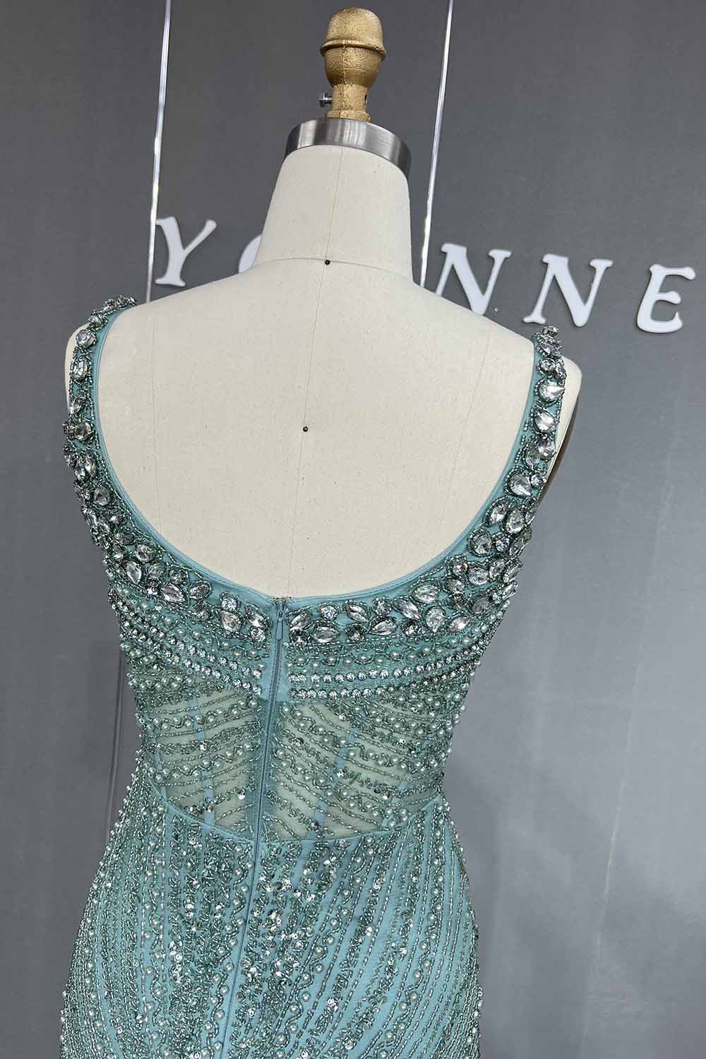 YQLNNE 042 Pink Crystals Beaded Evening Dress Long Mermaid Party Dress with Removeable Train