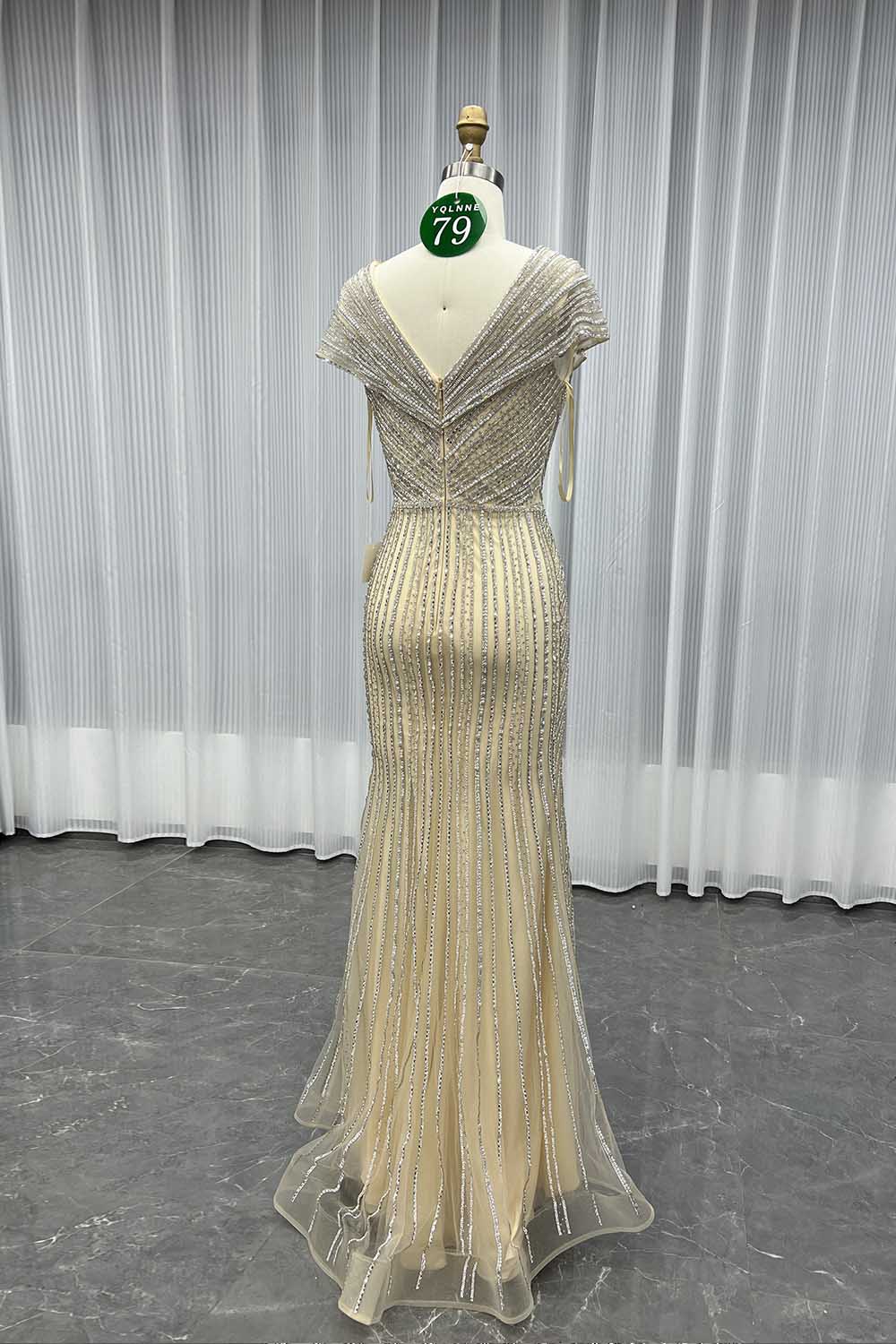 YQLNNE 079 Champagne Crystals Evening Dress Long Formal Gown For Mother of Bride