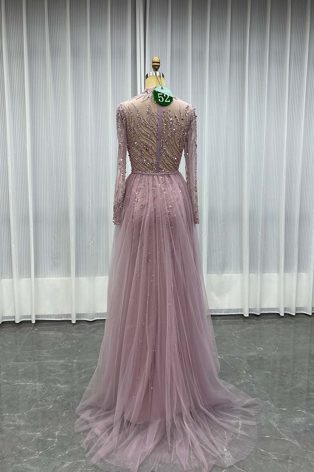 YQLNNE 052 Pink Long Sleeves Handmade Beaded Evening Dress With Removable Train