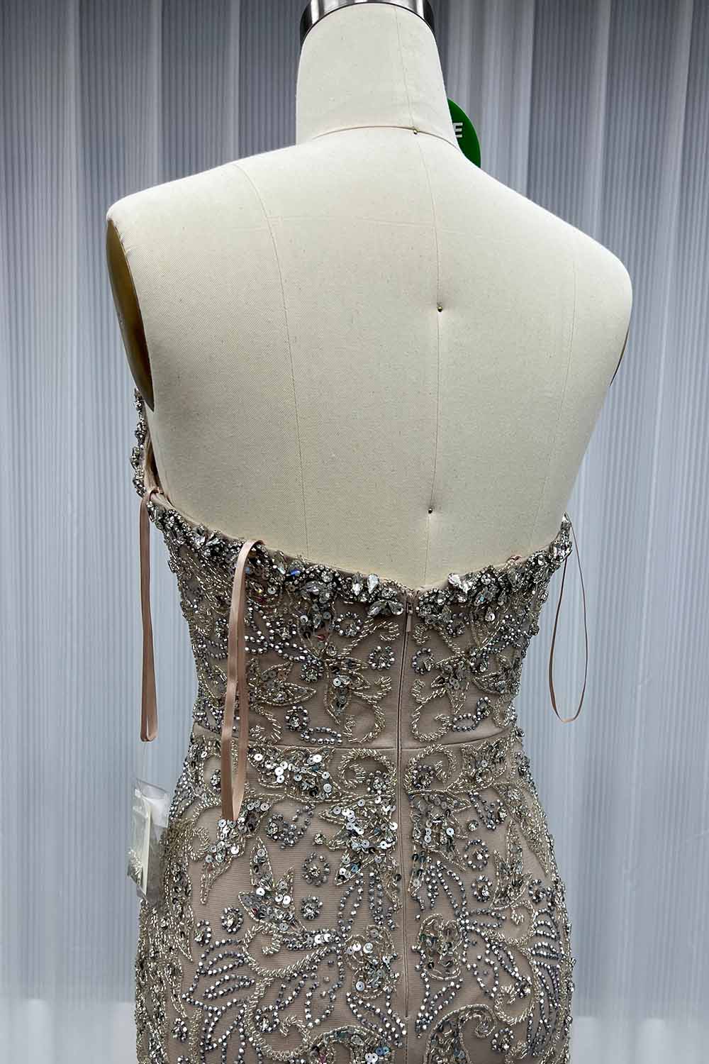 YQLNNE 064 Luxury Silver Nude Crystals Evening Dresses Long Mermaid Slit Tulle Beaded Formal Women Wedding Party Gown