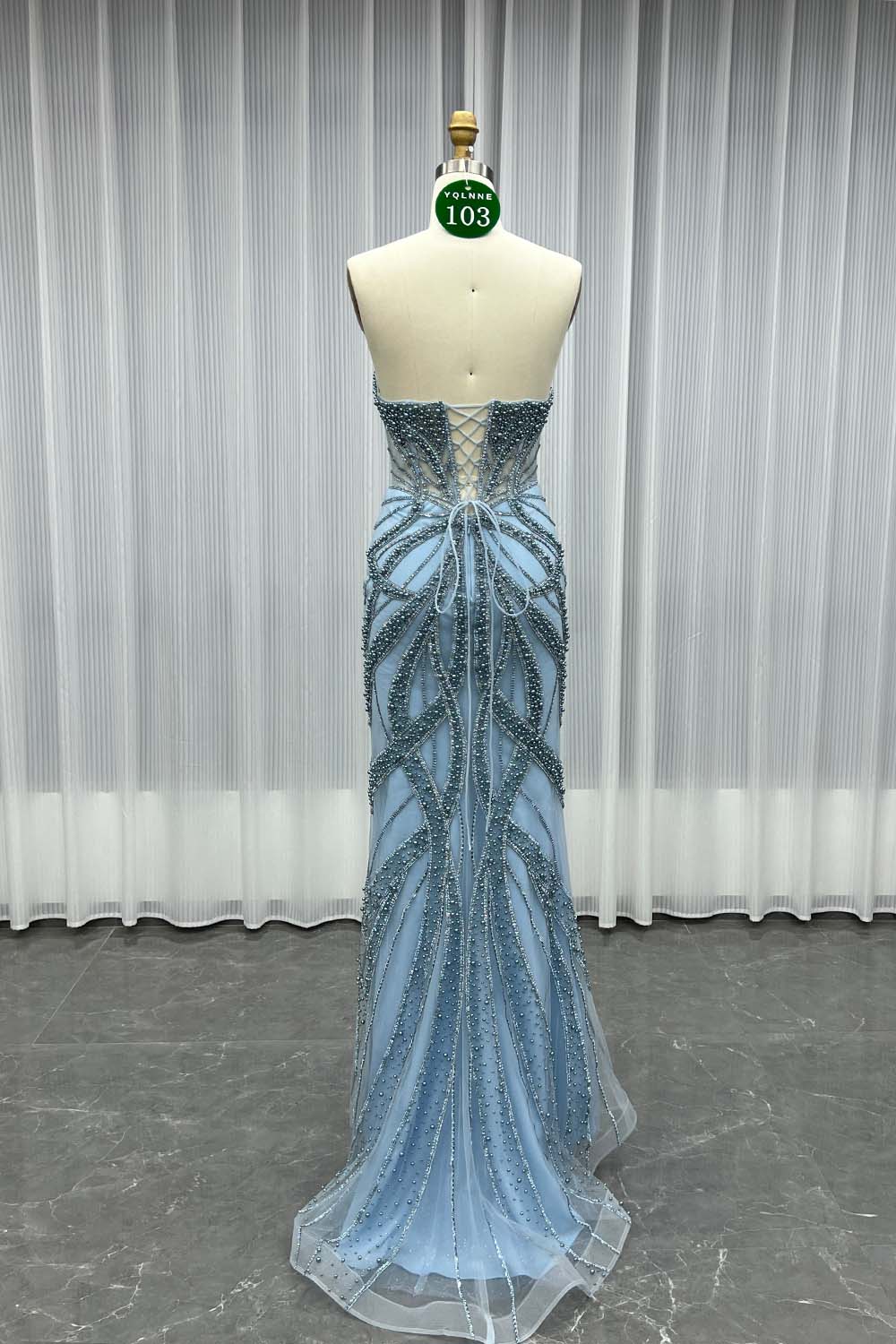 YQLNNE 0103 Blue Strapless Crystals Pearls Prom Dress Long Party Gown