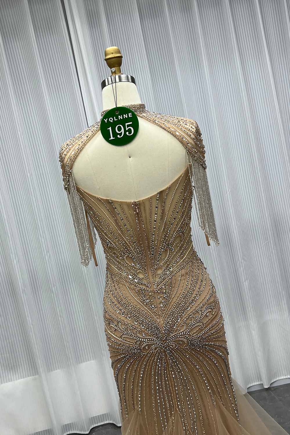 YQLNNE 0195 Luxury Gold Crystals Evening Party Gown With Necklace