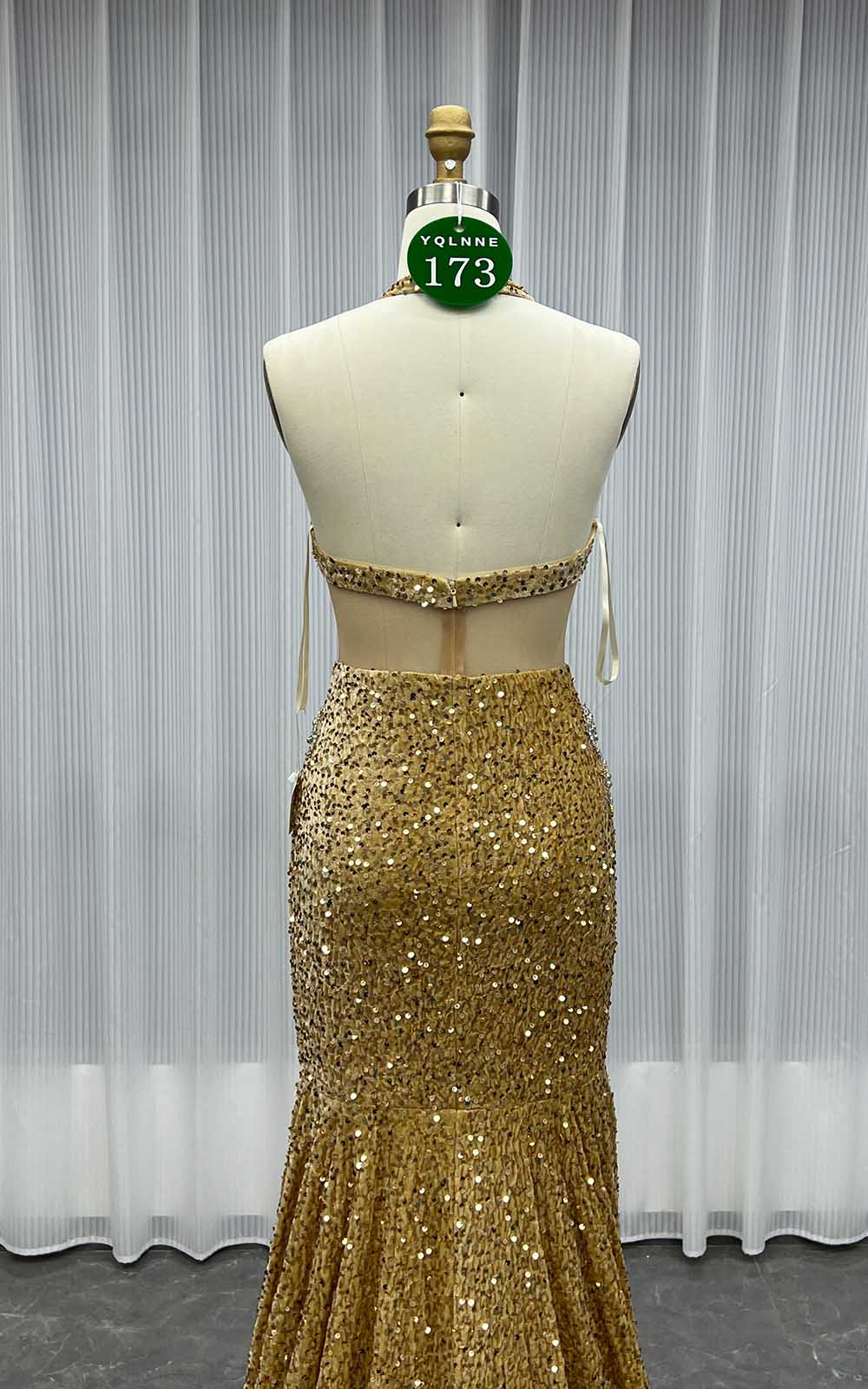 YQLNNE 0173 Gold Crystals Long Prom Dress Halter Sequined Formal Gown