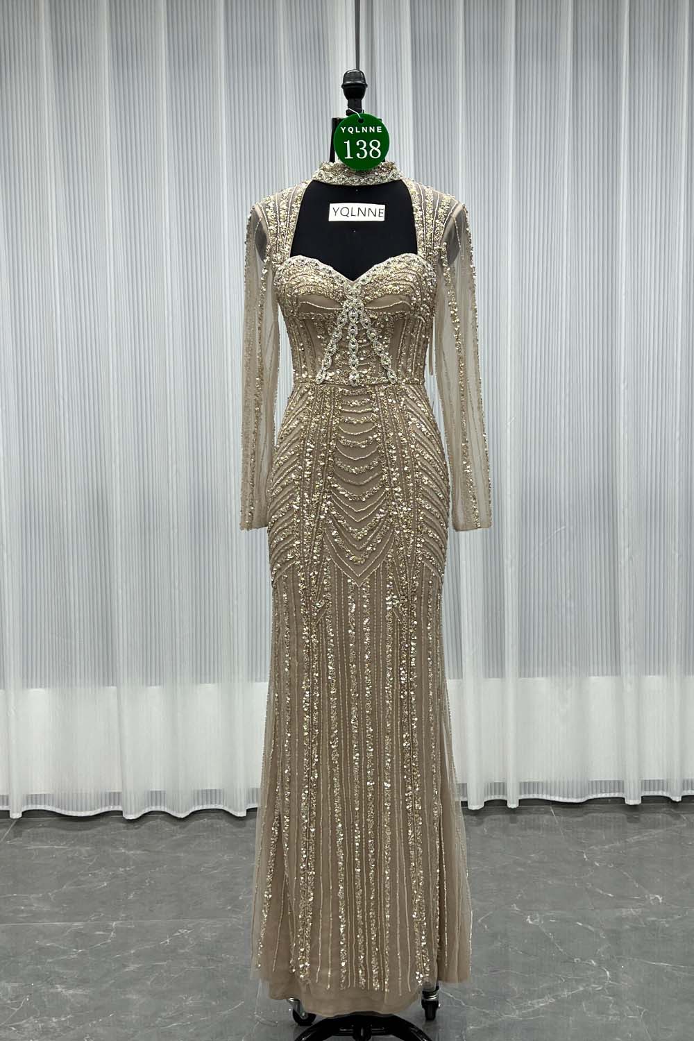 YQLNNE 0138 Pink Long Sleeves Evening Dress Handmade Heavy Crystals Beaded