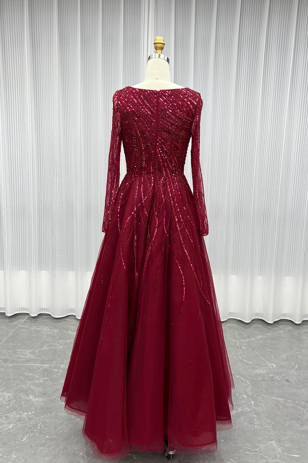 YQLNNE Modest Wine Red Handmade Beaded Evening Party Gown