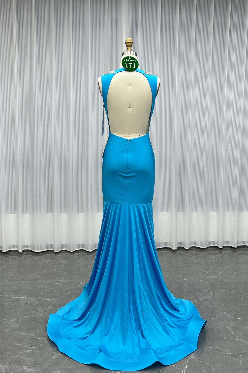YQLNNE 0171 Blue Crystals Beaded Long Mermaid Prom Dress Backless