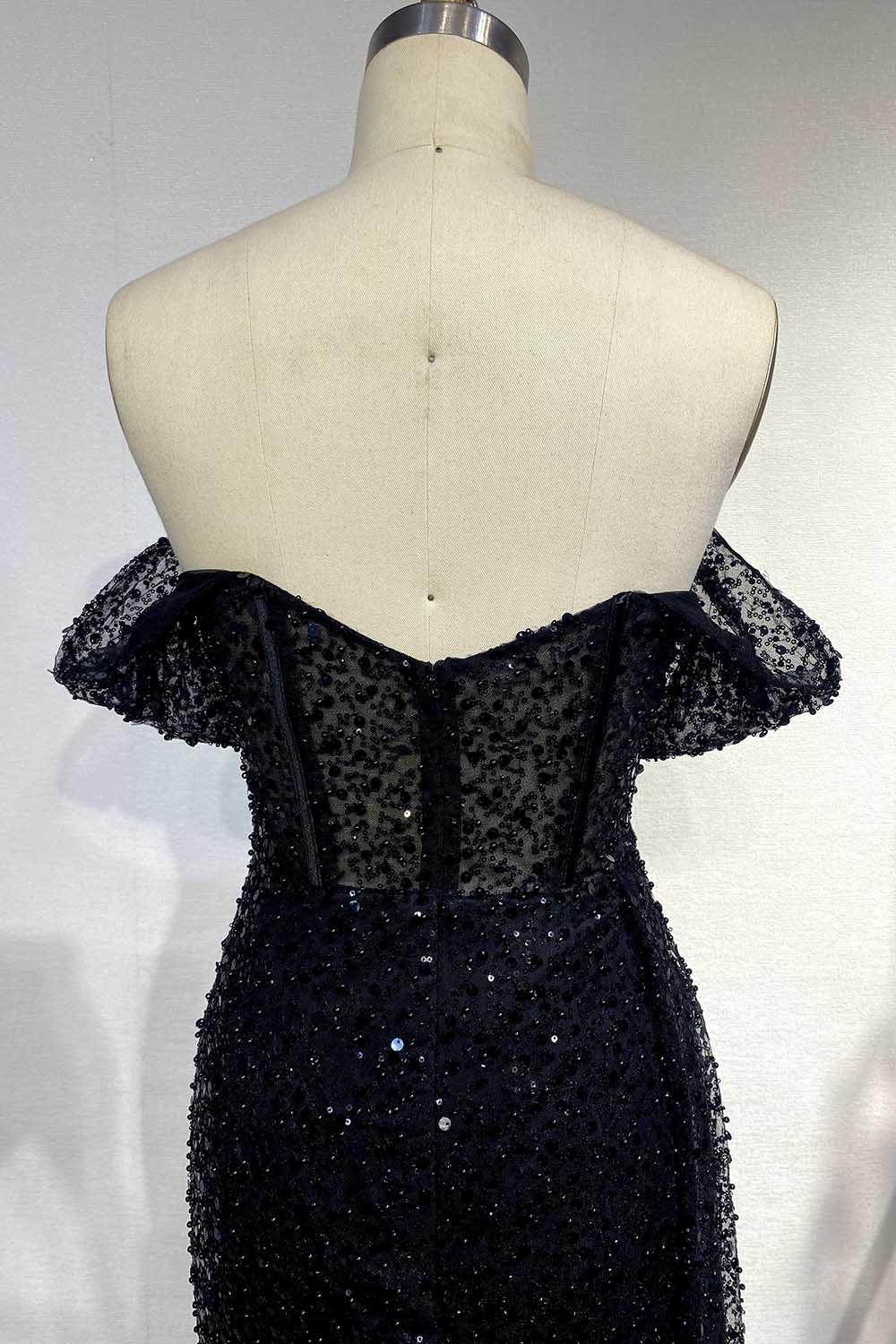 YQLNNE 111 Black Off the Shoulder Evening Dress Sequined Slit Party Gown