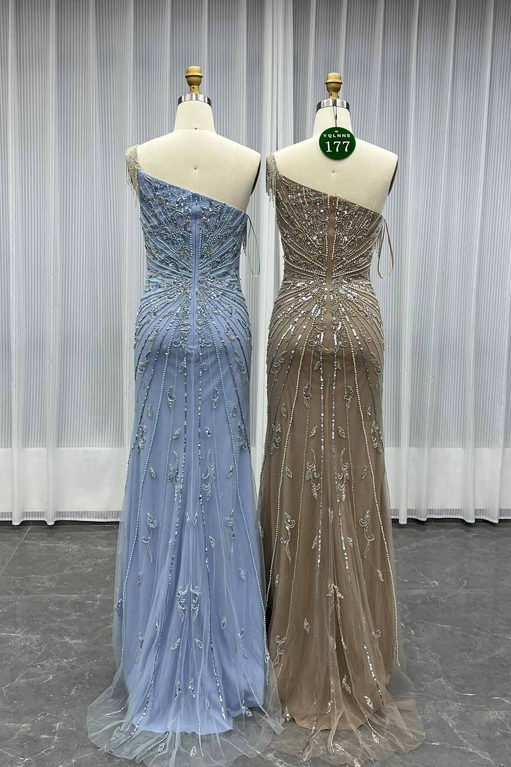 YQLNNE 0177 Blue One Shoulder Slit Evening Dress Handmade Crystals Beaded