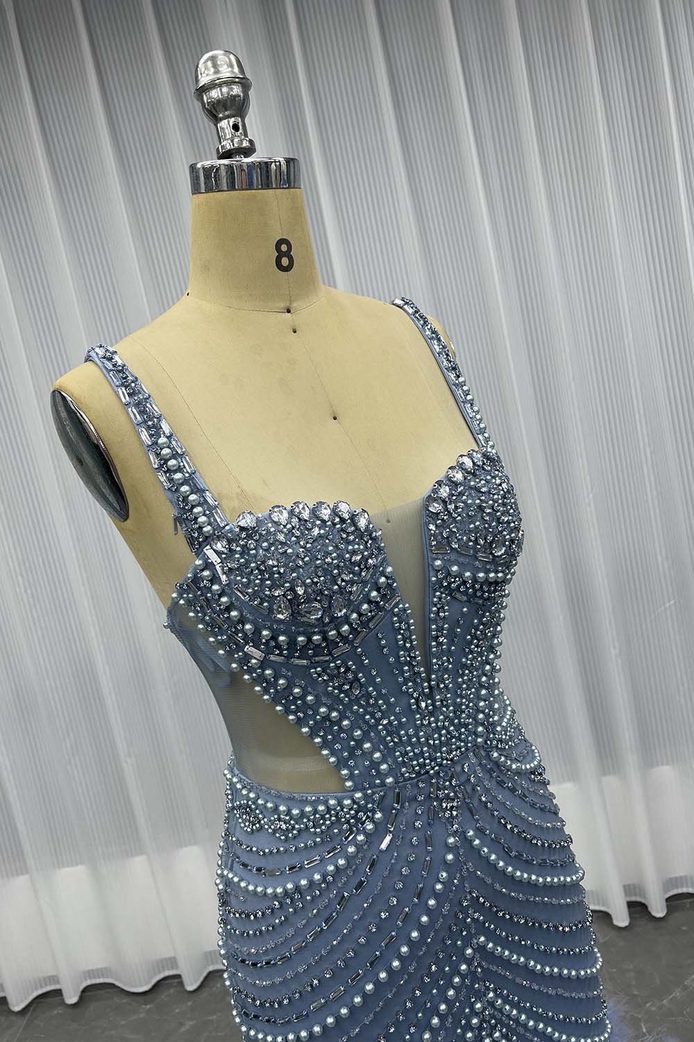 YQLNNE 045 Blue Feathers Crystals Evening Party Gown Mermaid Formal Dress