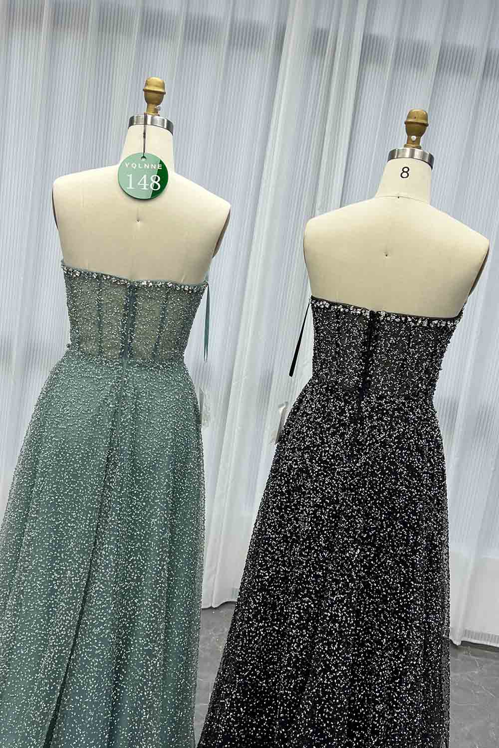 YQLNNE 0148 Black Glitter Crystals Long Prom Dress Aline