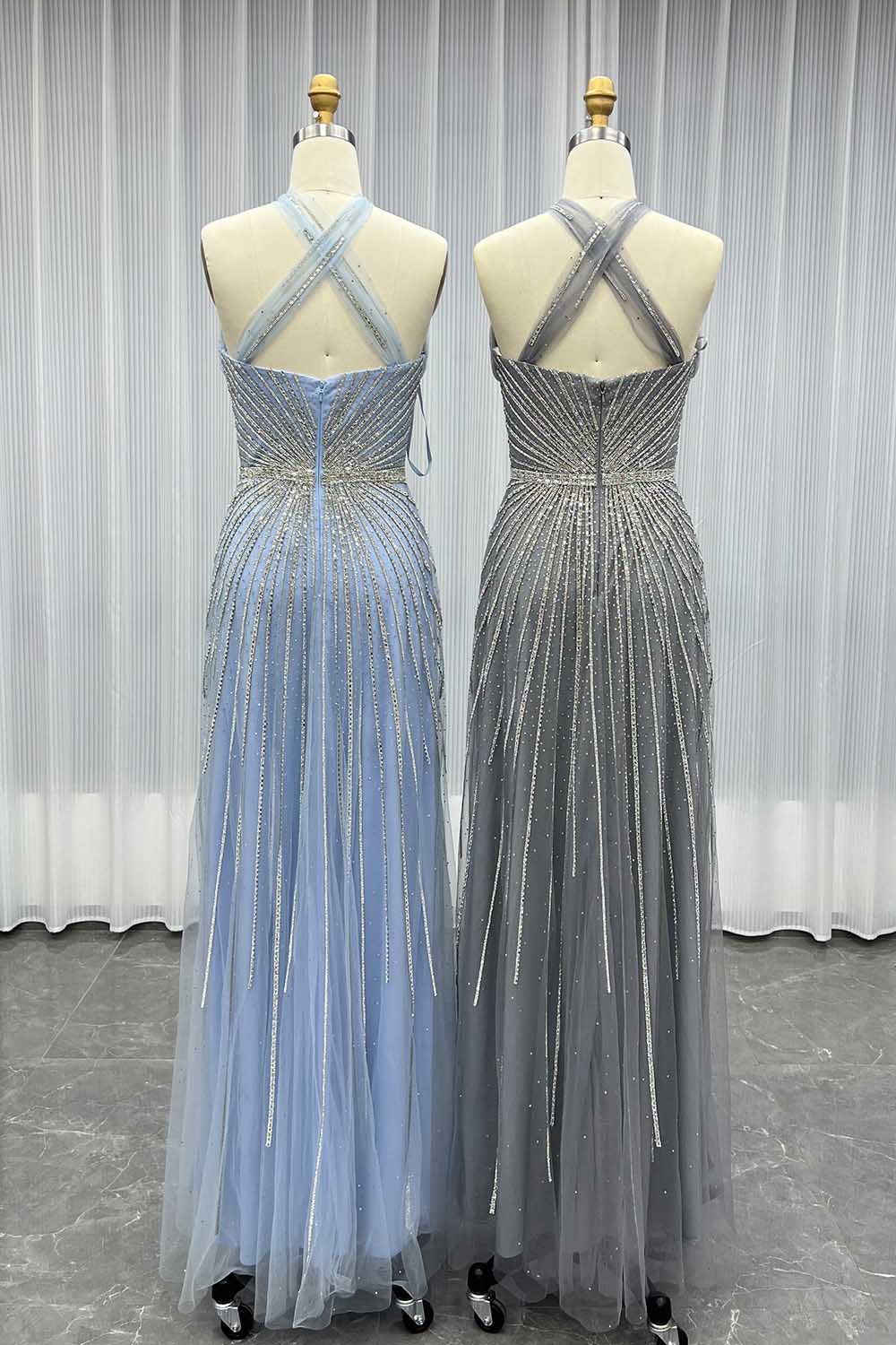 YQLNNE 091 Blue Crystals Long Prom Dress Halter