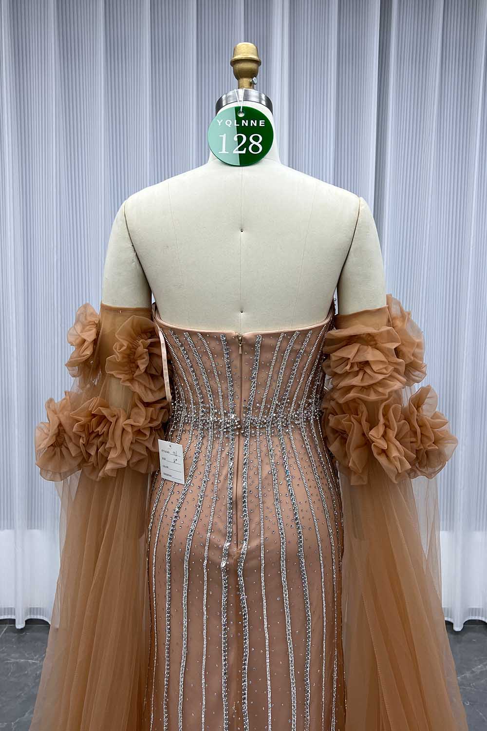 YQLNNE 0128 Luxury Orange Crystals Evening Party Gown With Removable Tulle Sleeves