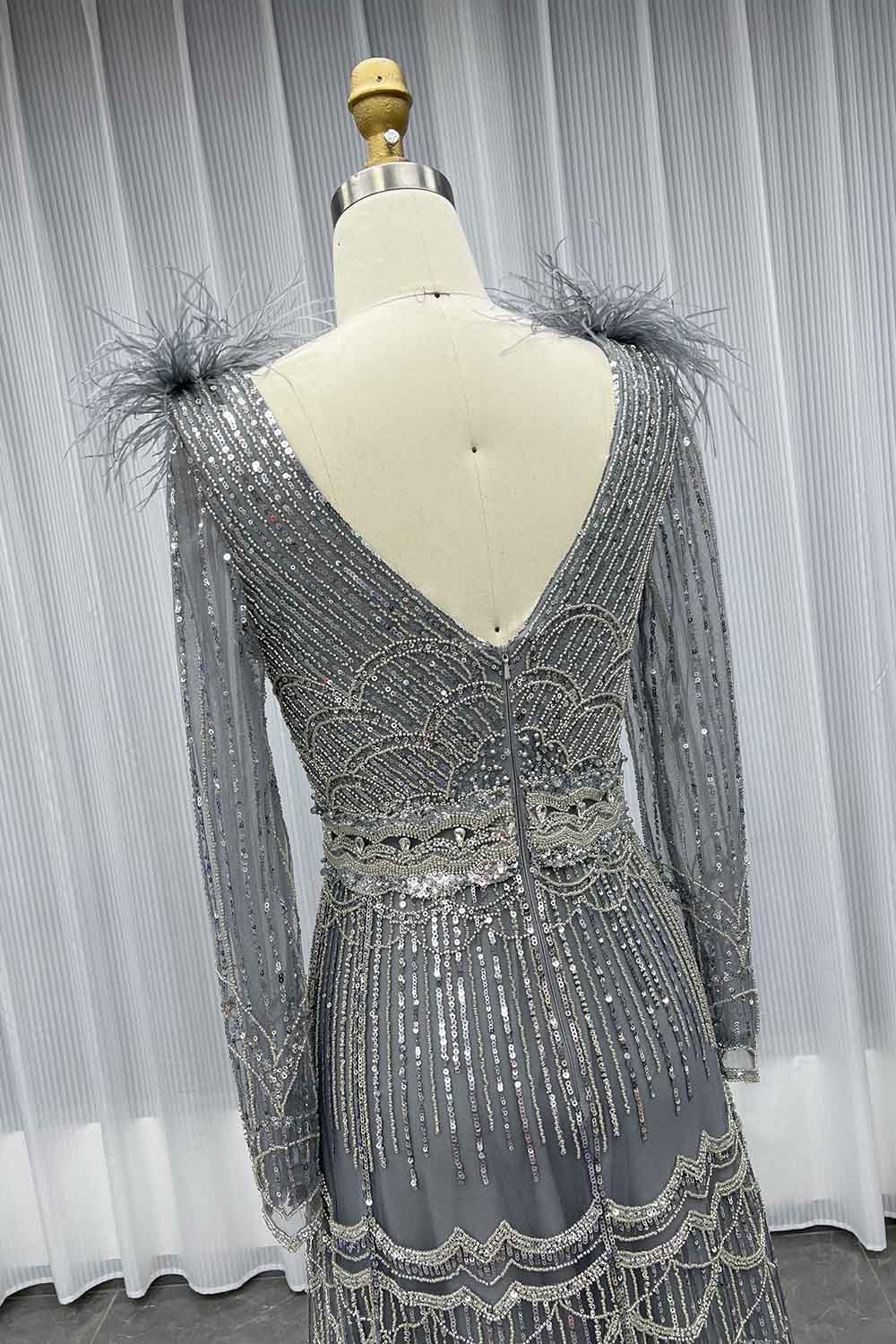 YQLNNE 17007 Muslim Feathers Evening Dress Long Sleeve Women Party Gown