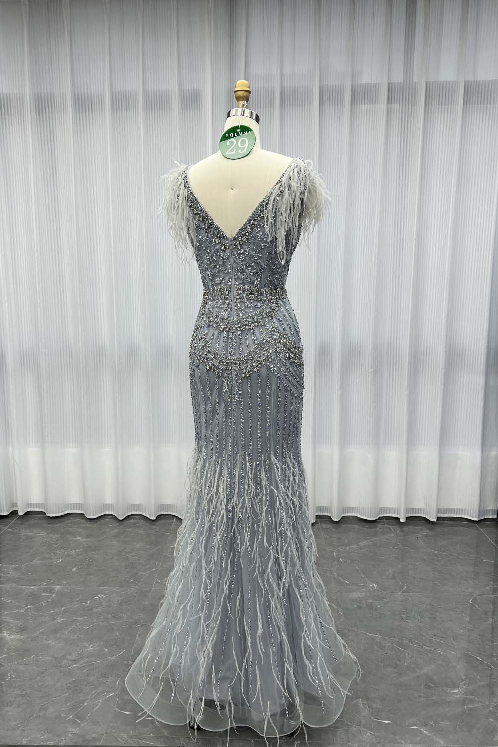YQLNNE 029 Light Blue Feathers Evening Dress Handmade Crystals Beaded