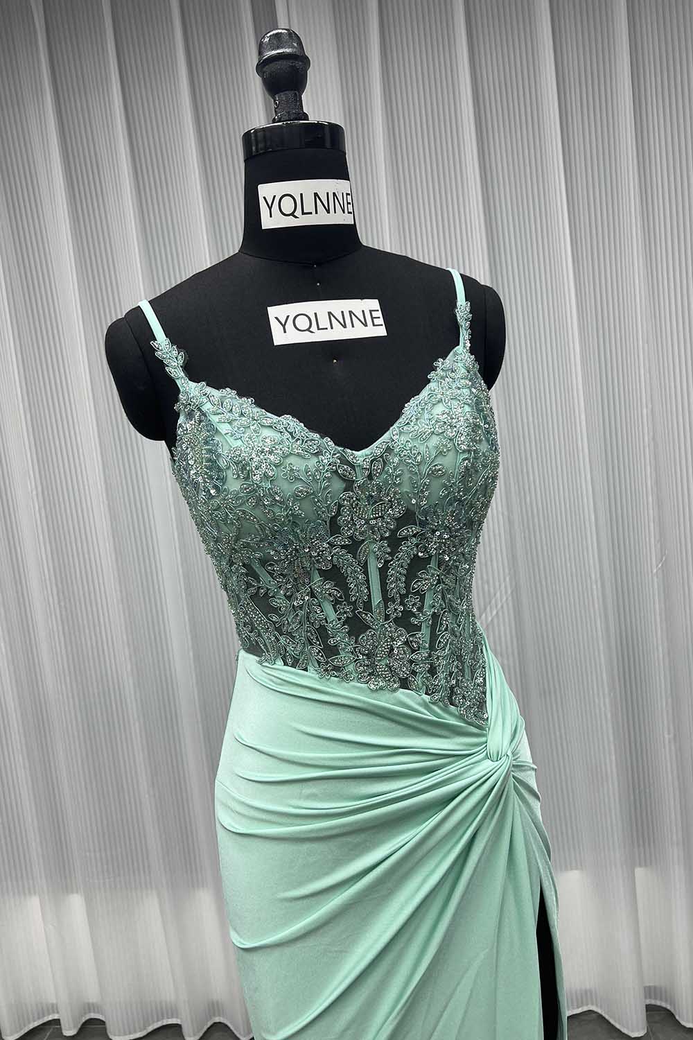 YQLNNE 01 Sexy Black Embroidered Long Slit Prom Dresses Mermaid Spaghetti Beading Party Gown