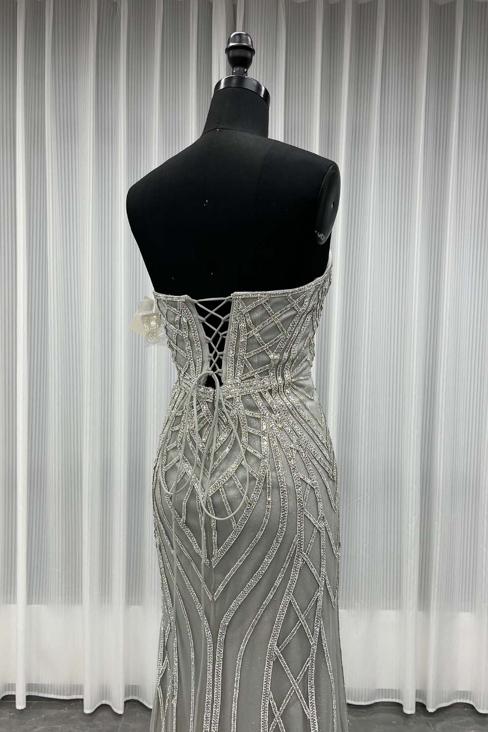 YQLNNE 0130 Black Strapless Crystal Evening Dress Long Mermaid Party Dress Lace-up Back