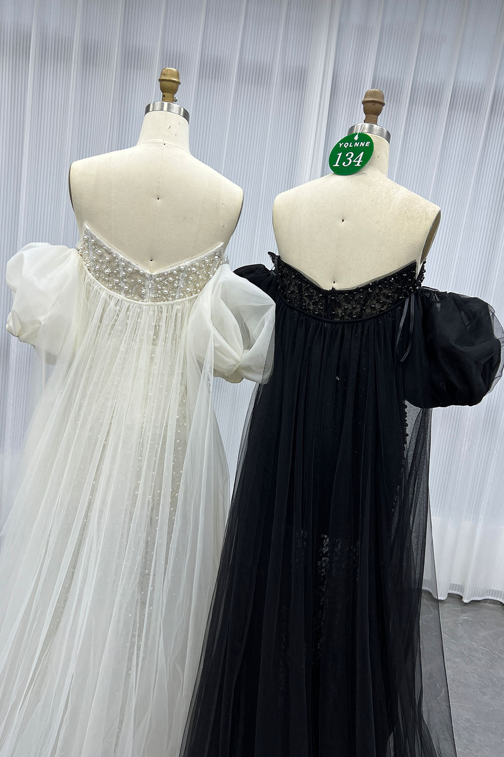 YQLNNE 0134 Black Strapless Beaded Pearls Evening Dress With Removable Sleeves