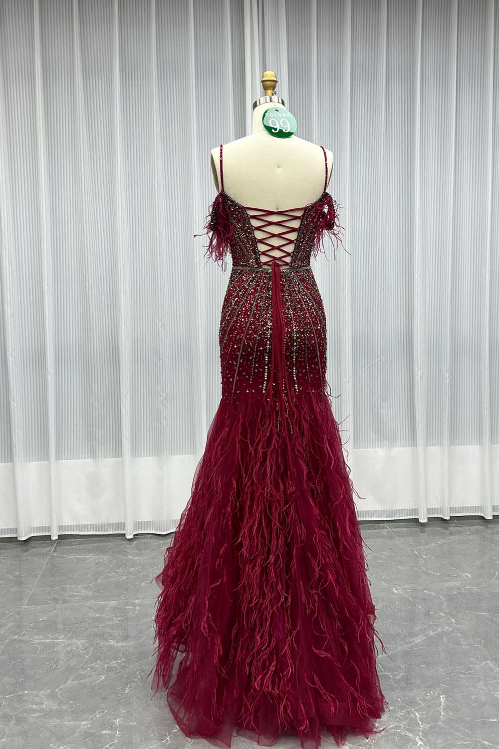 YQLNNE 099 Burgundy Feathers Crystals Mermaid Evening Dress Lace-up Back
