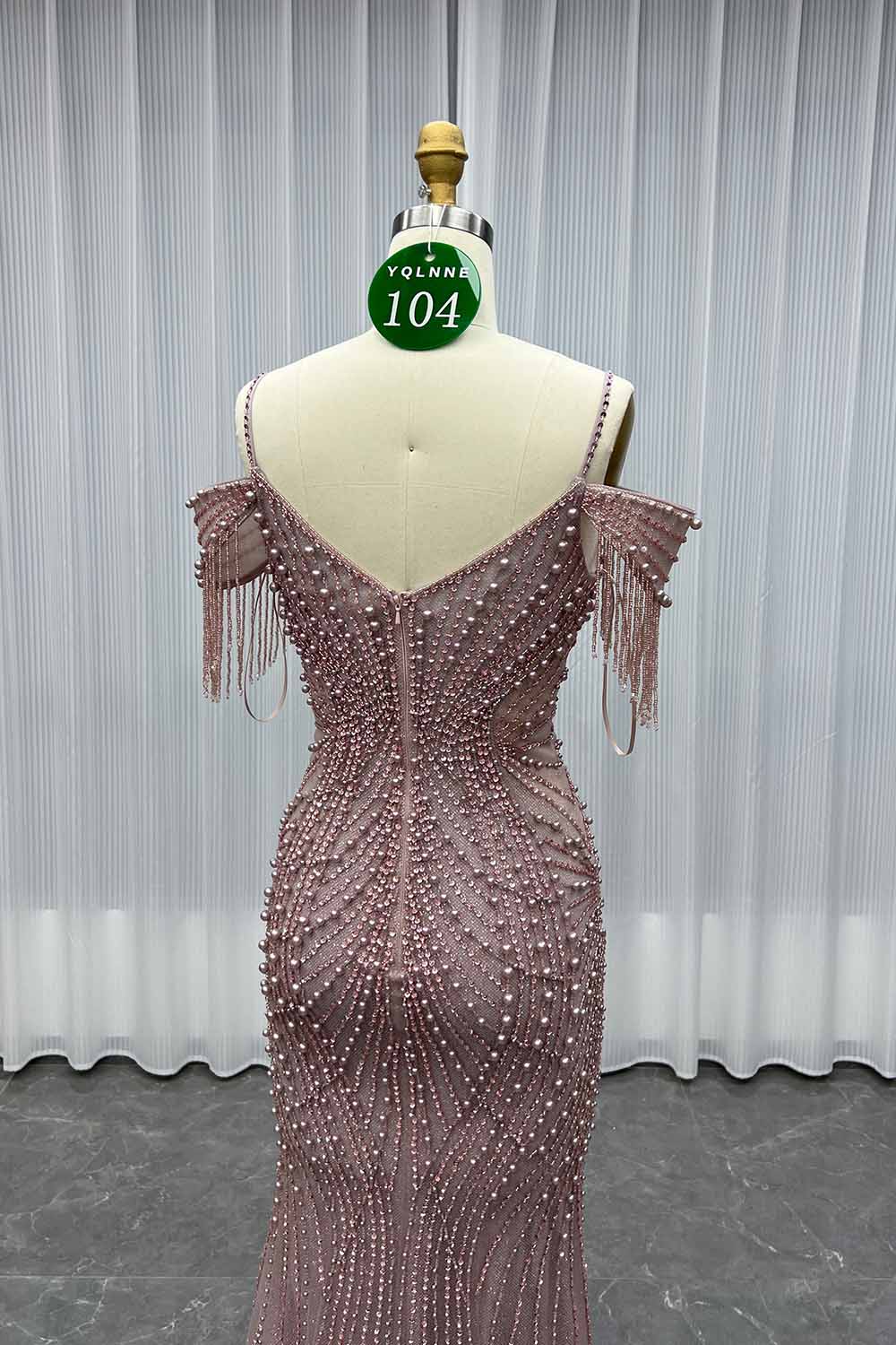 YQLNNE 0104 Pink Off Shoulder Evening Party Gown Handmade Pearls Beaded