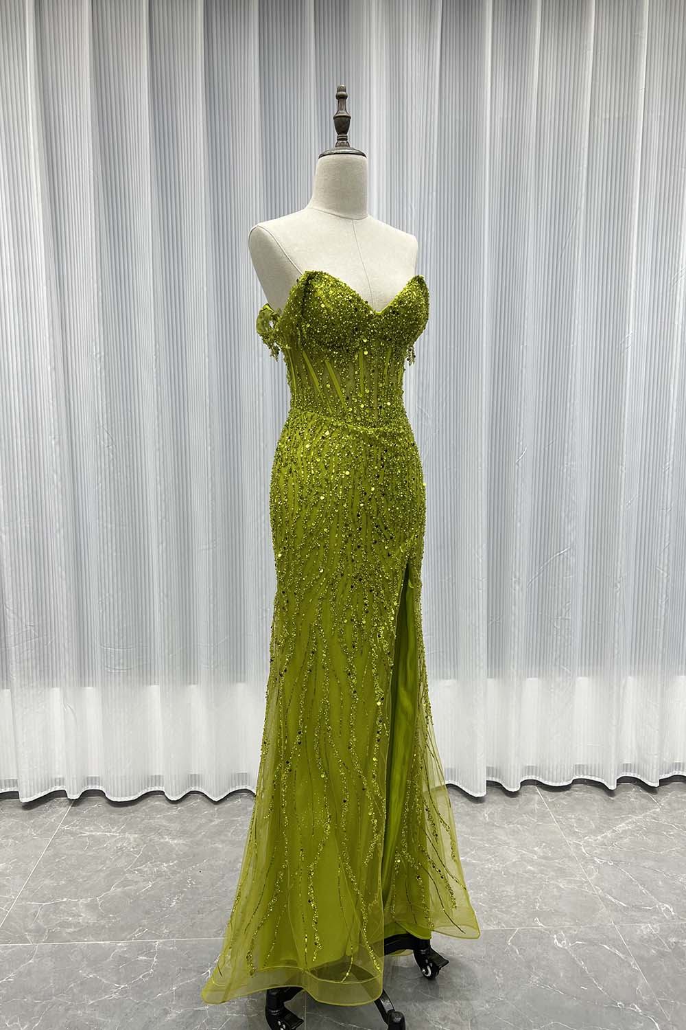 YQLNNE 08 Sliver Off The Shoulder Long Prom Dresses Slit Sequined Beaded Women Party Dress
