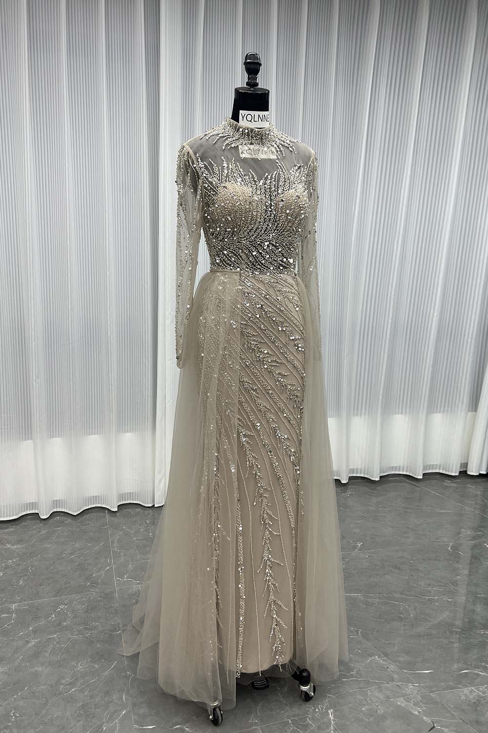 YQLNNE 052 Nude Long Sleeves Beaded Evening Dress With Removable Skirt