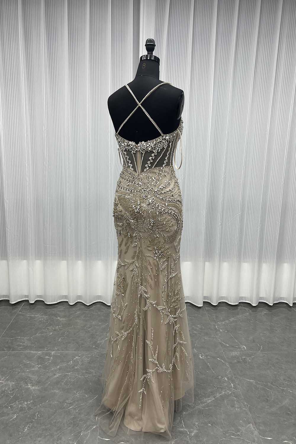 YQLNNE Nude Rhinestones Mermaid Evening Dress Long Formal Women Party Dress