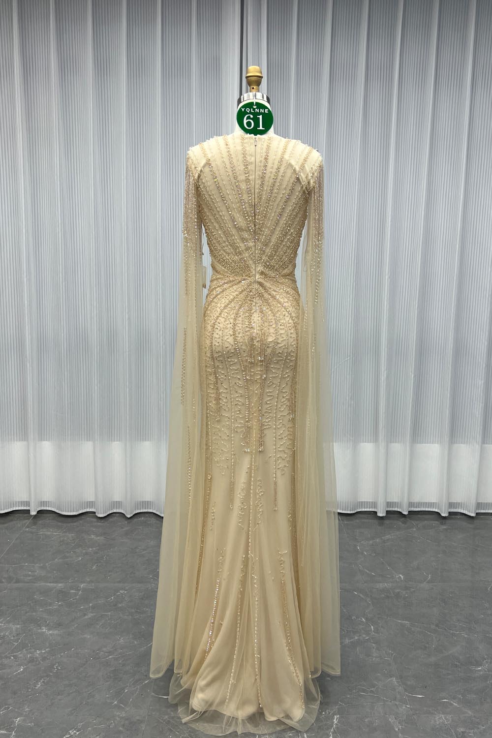 YQLNNE 061 Champagne Handmade Crystals Beaded Evening Dress With Cape Sleeves