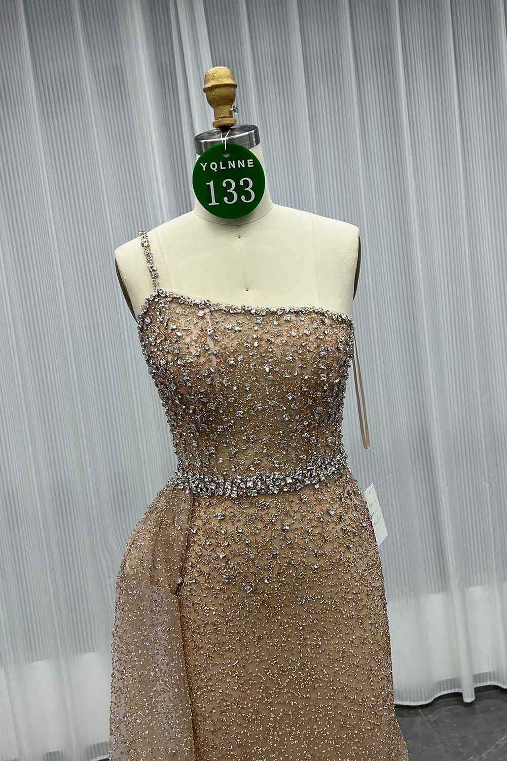 YQLNNE 0133 Rose Gold One Shoulder Crystals Evening Dress With Side Skirt