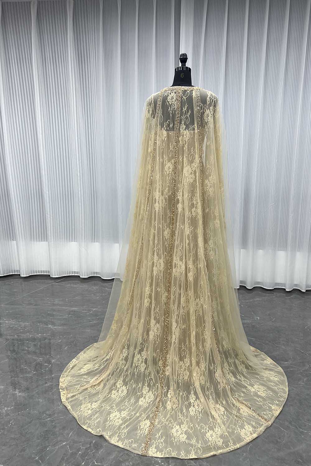 YQLNNE 051 Luxury Gold Crystals Beaded Evening Gown Formal Women Party Dress With Cape