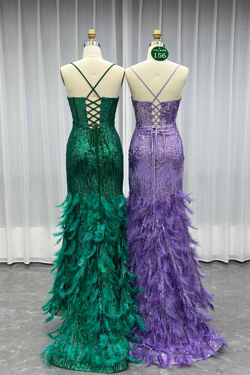 YQLNNE 0156 Sparkly Green Glitter Feathers Prom Dresses Lace-up Party Gown