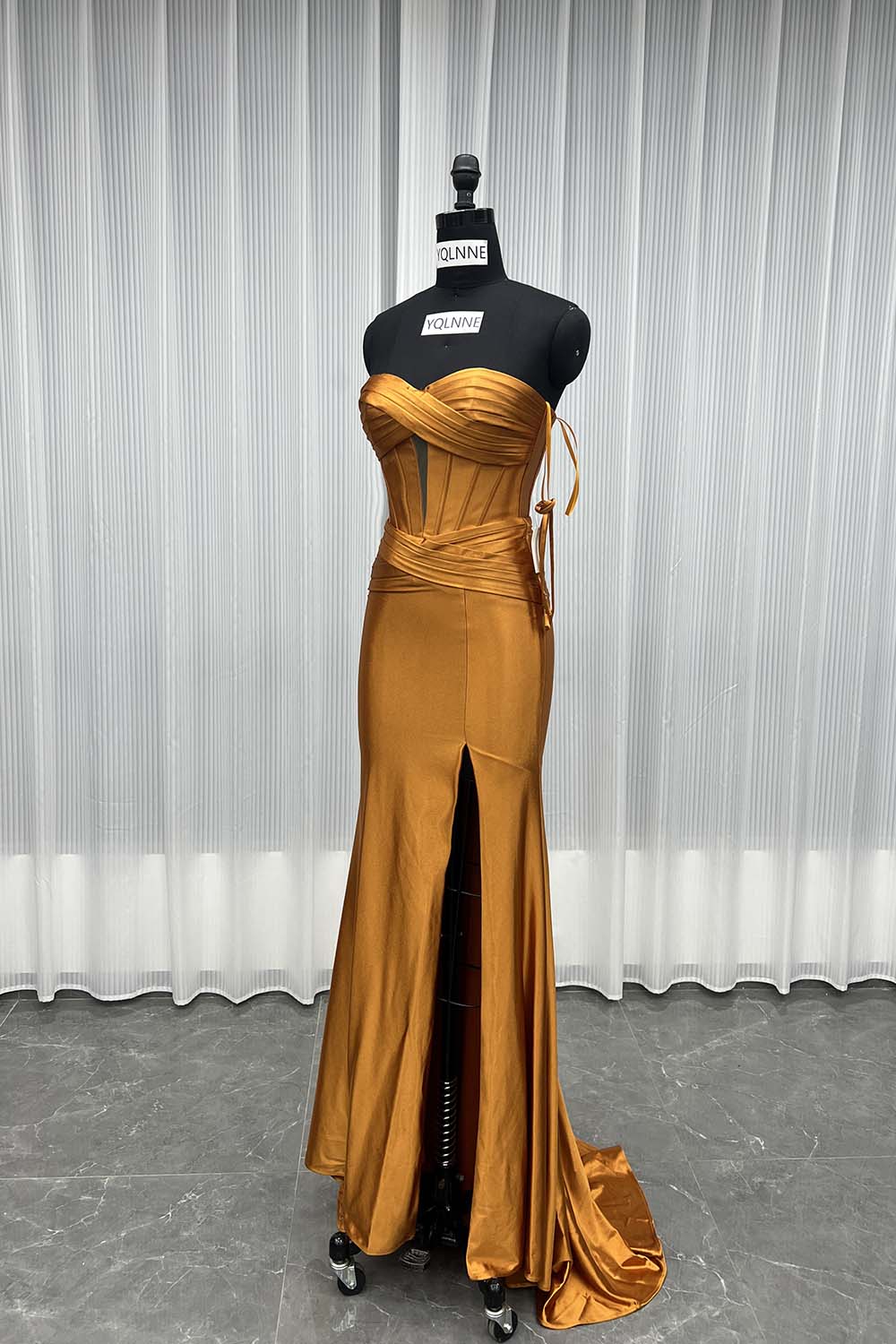 YQLNNE 097 Green Satin Long Slit Prom Dress Mermaid Party Gown