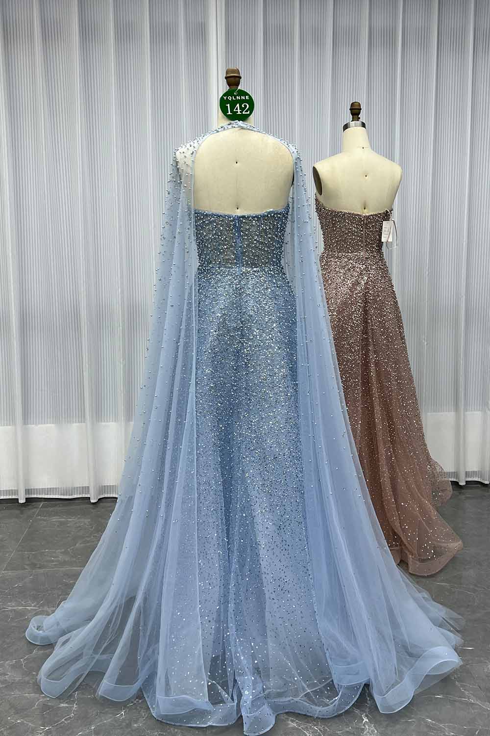 YQLNNE 0142 Rose Gold Ball Gown Evening Dress With Removable Cape Handmade Crystals Beaded