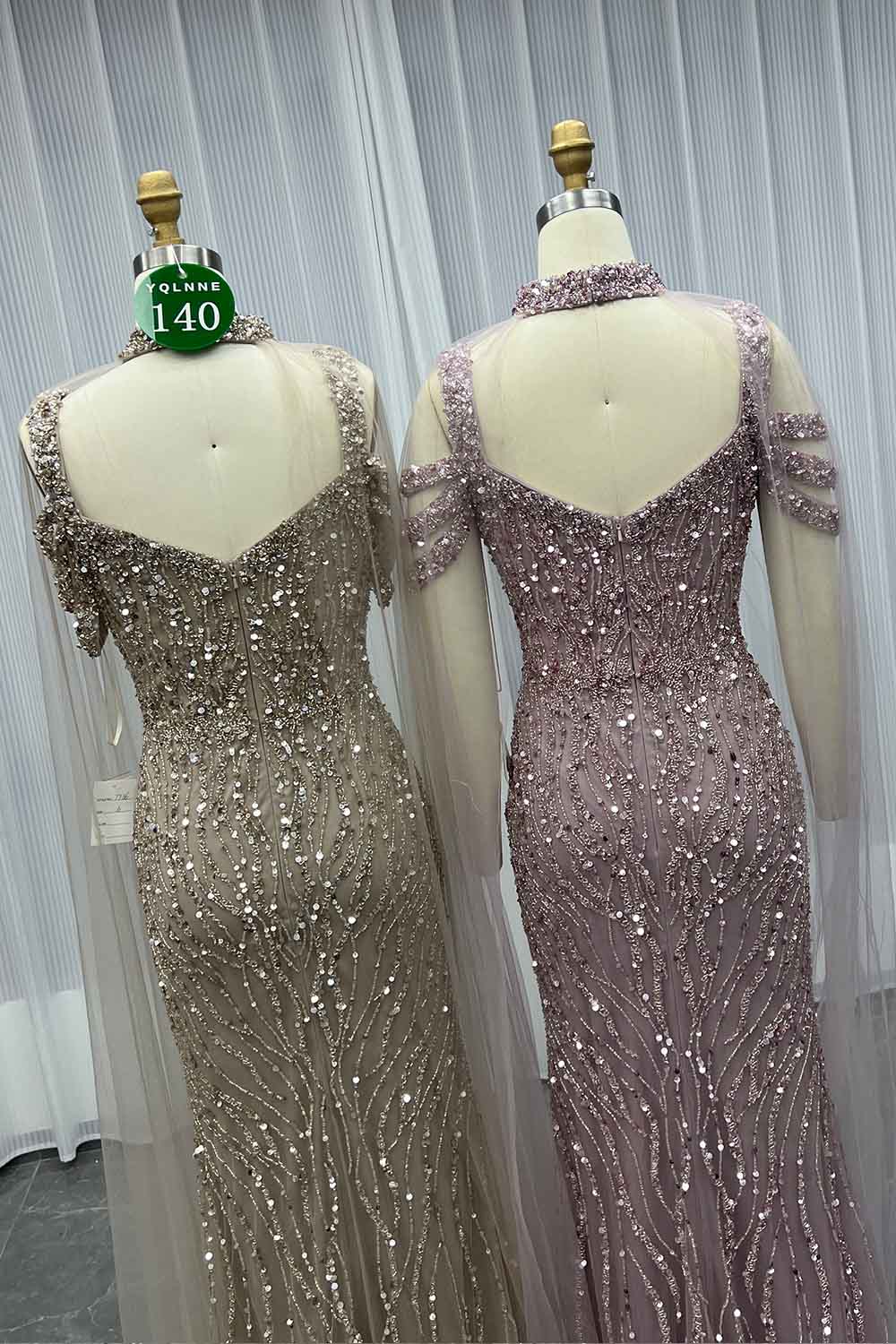 YQLNNE 0140 Nude Off Shoulder Crystals Beaded Evening Dress With Removable Shawl