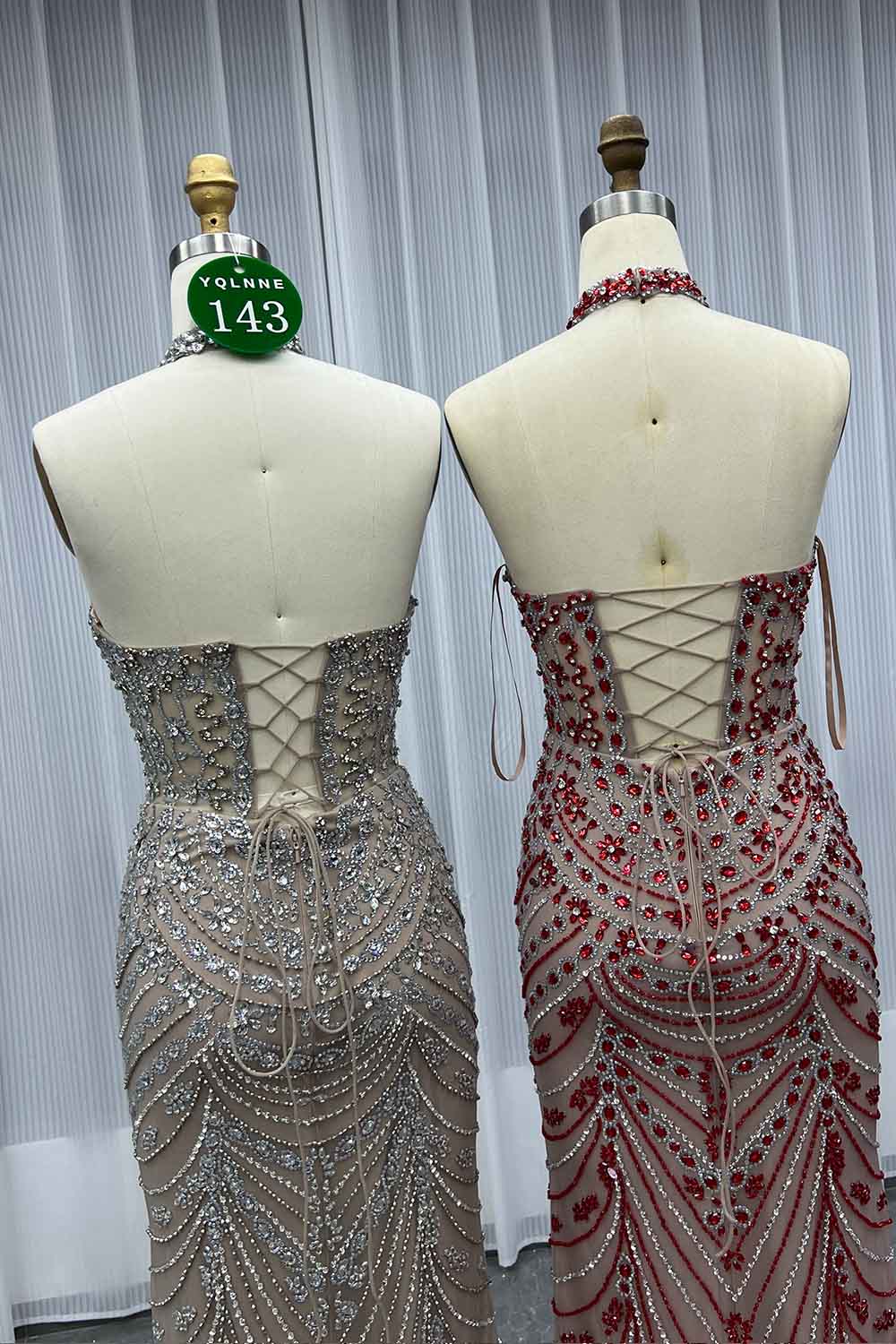 YQLNNE 0143 Red Crystals Beaded Evening Dress Halter Lace-up Back