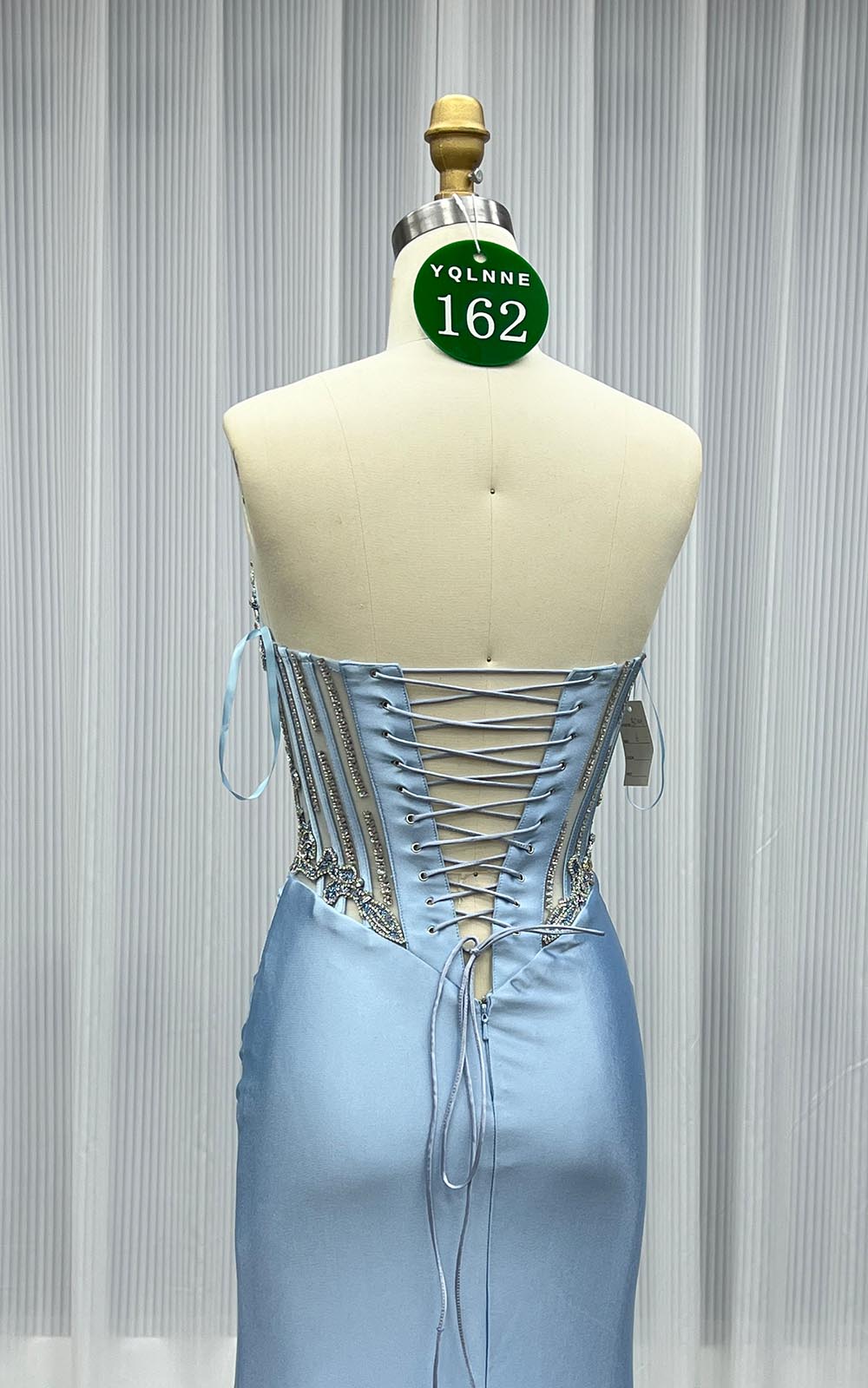 YQLNNE 0162 Blue Crystals Long Slit Prom Dress Satin Formal Gowns