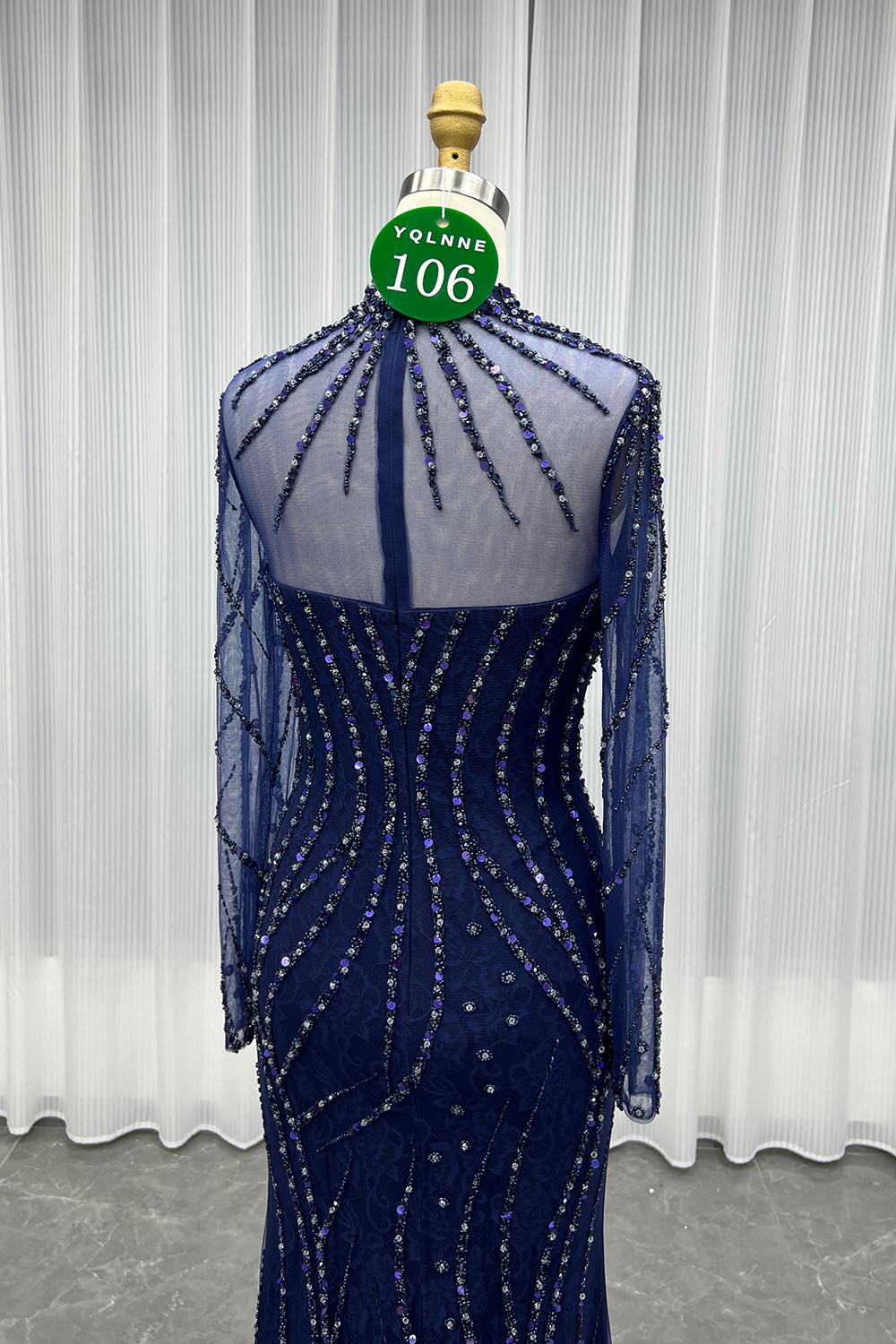 YQLNNE 0106 Modest Navy Long Sleeve Evening Dress Formal Party Gown