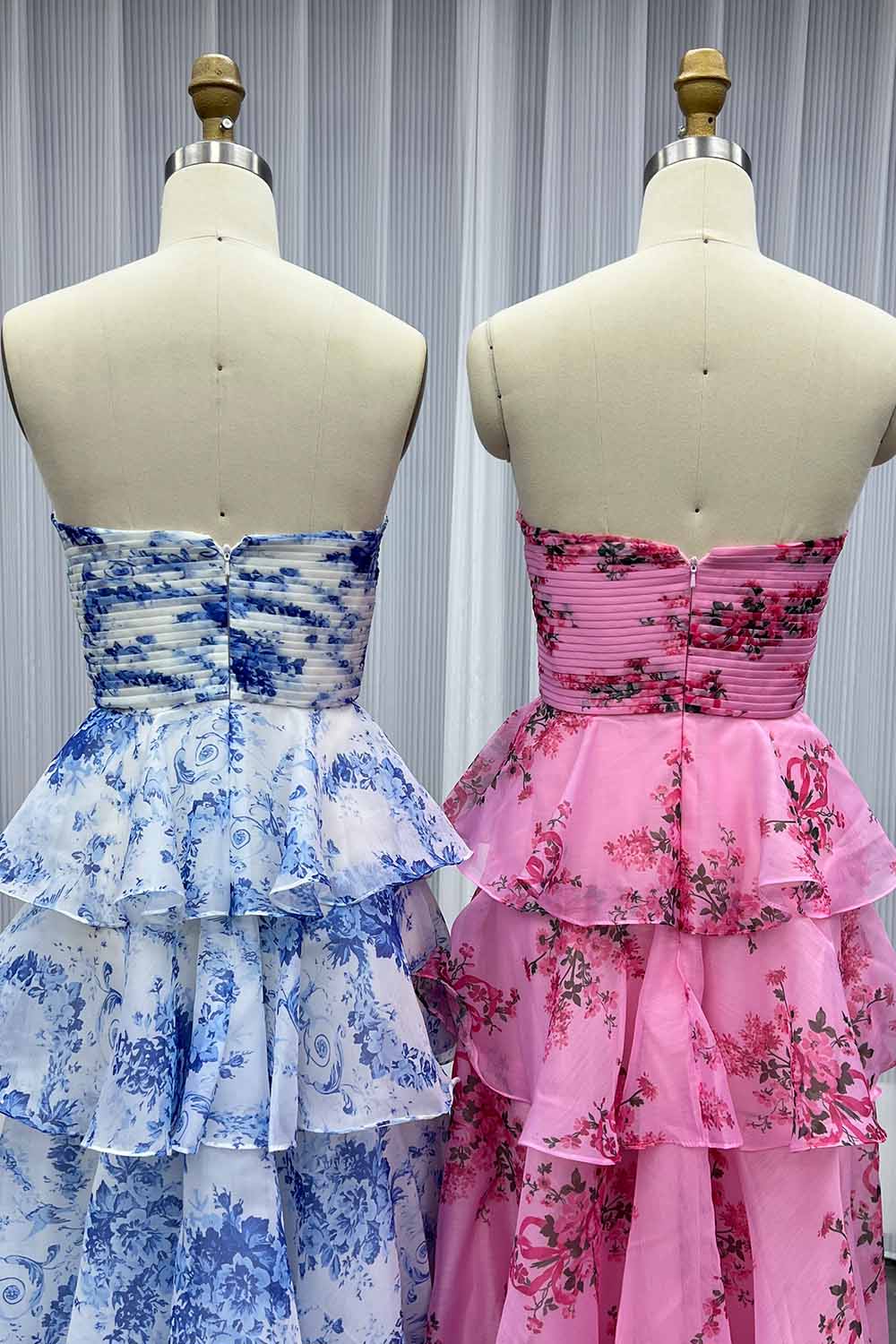 YQLNNE 0110 Pink Print Flowers Prom Dress Strapless Long Party Gown