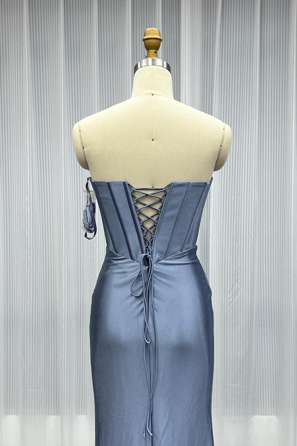 YQLNNE 095 Dusty Blue Strapless Satin Long Prom Dress Mermaid