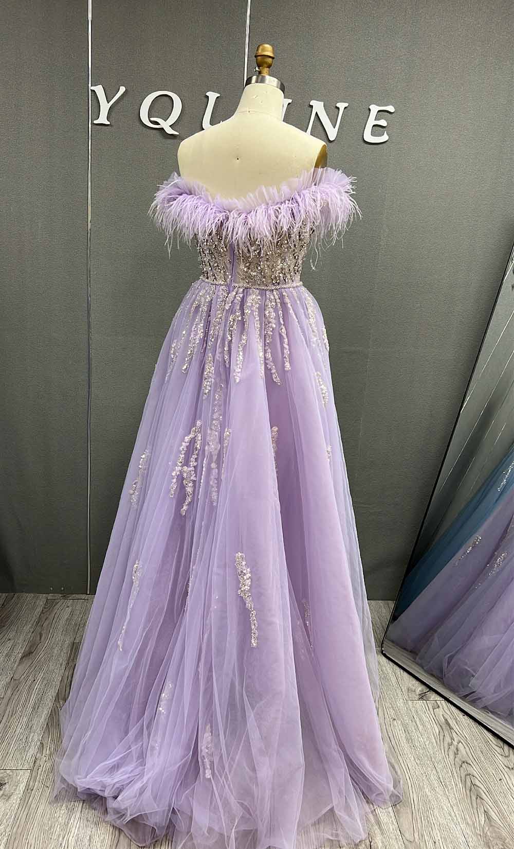 YQLNNE 0124 Blue Feathers Evening Dress Long Handmade Diamonds Formal Gown