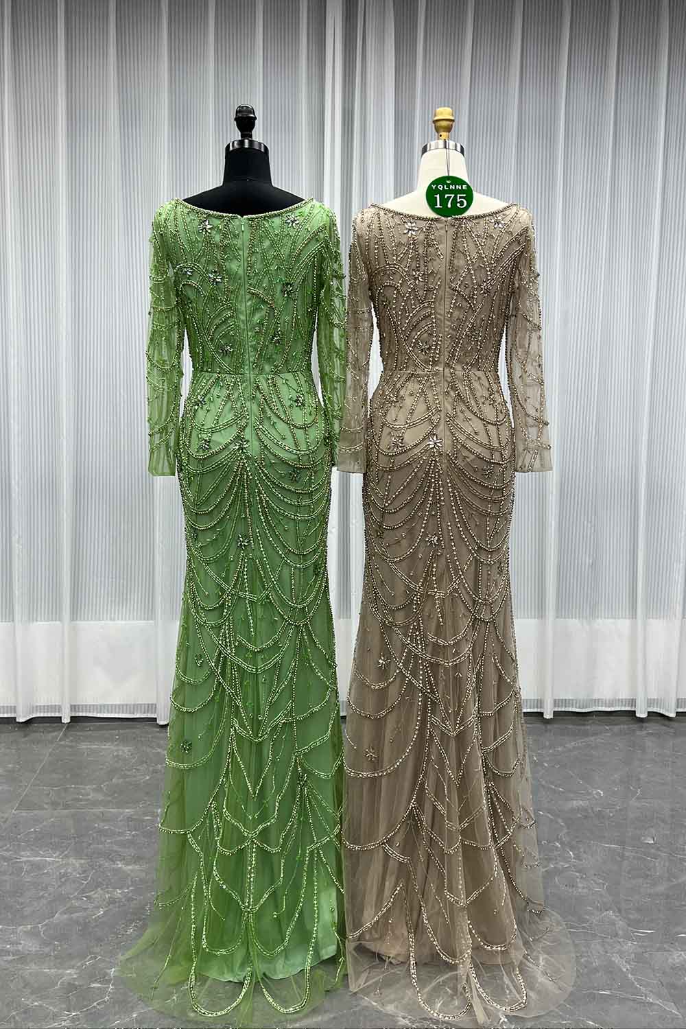 YQLNNE 0175 Nude Square Collar Crystals Beaded Evening Dress With Long Sleeves