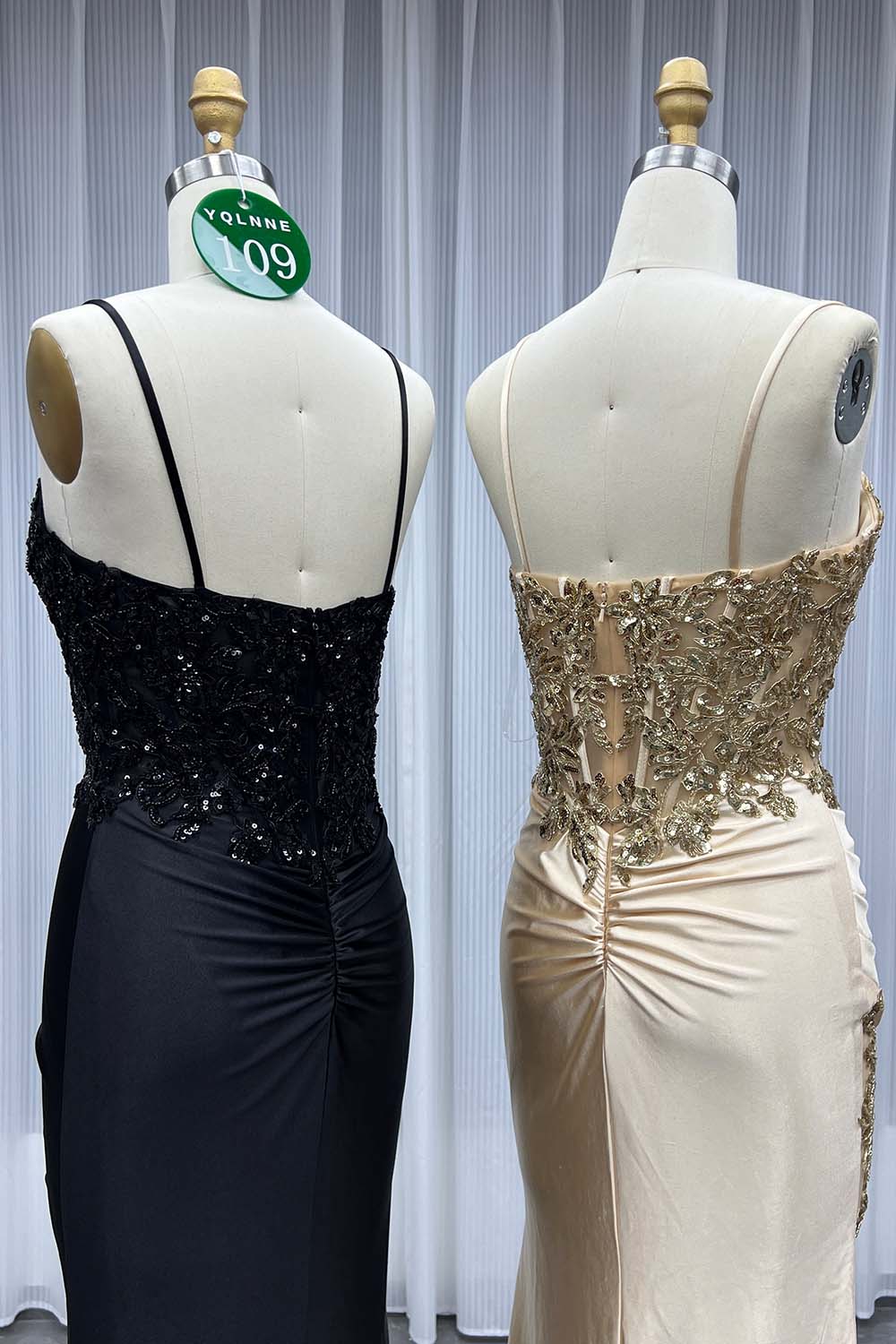 YQLNNE 0109 Gold Long Slit Prom Dress With Beadings