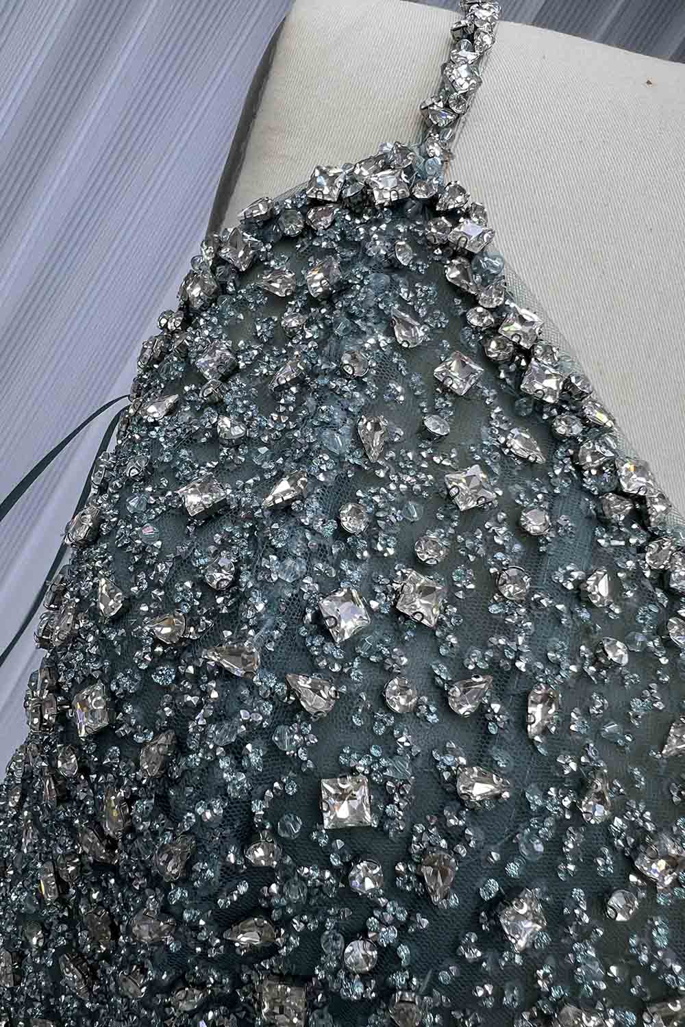 YQLNNE 0133 Sparkly Pine Green Crystals Evening Dress One Shoulder Long Glitter Prom Gown