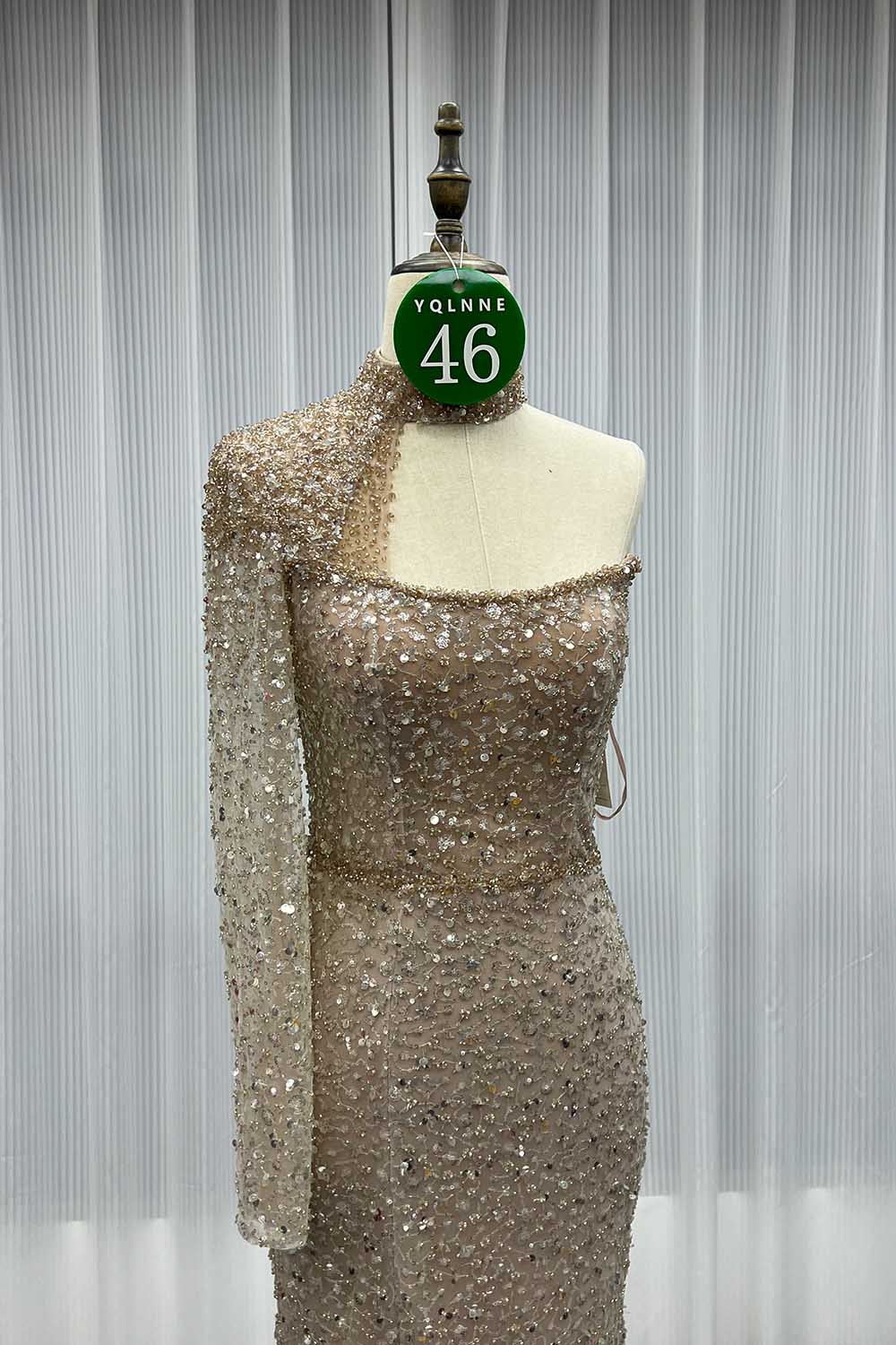 YQLNNE 046 Nude One Shoulder Crystals Evening Dress Long Sleeve Mermaid Formal Gown