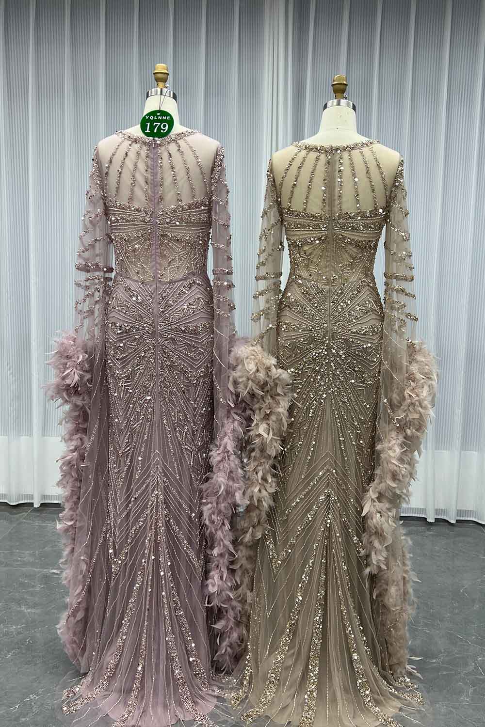 YQLNNE 0179 Pink Long Sleeves Feathers Evening Dress With Handmade Crystals Beaded