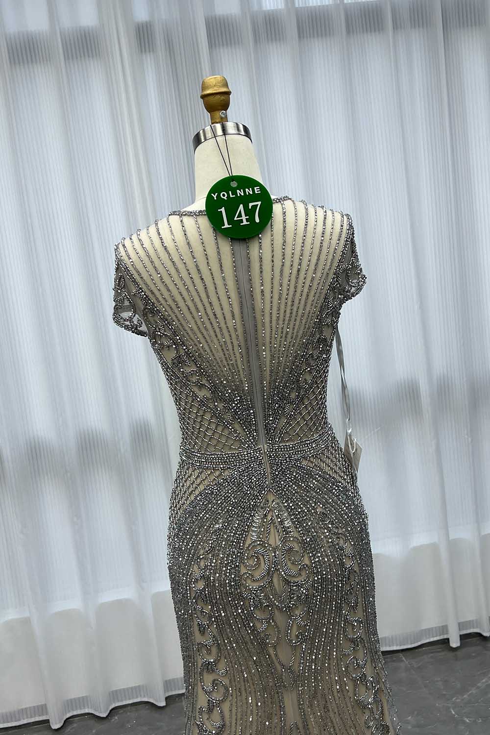 YQLNNE 0147 Silver Nude Crystals Beaded Evening Dress With Cap Sleeves