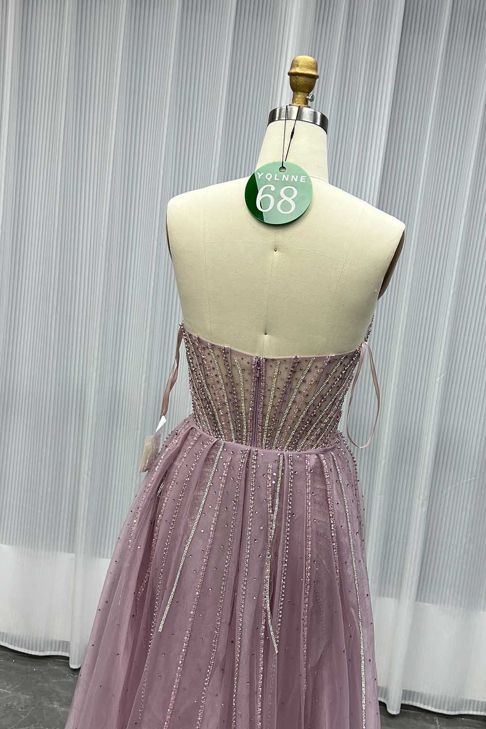 YQLNNE 068 Pink Crystals Beaded Evening Gown Long Mermaid Party Dress