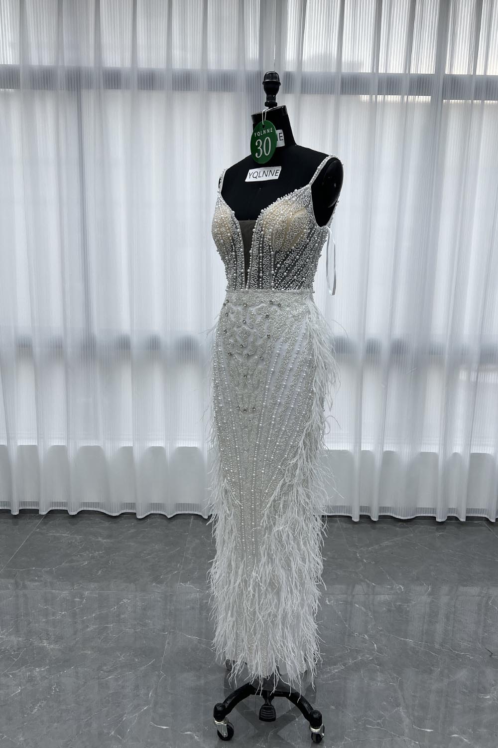 YQLNNE 030 White Feathers Crystals Evening Dress Tea-Length Beaded Gown