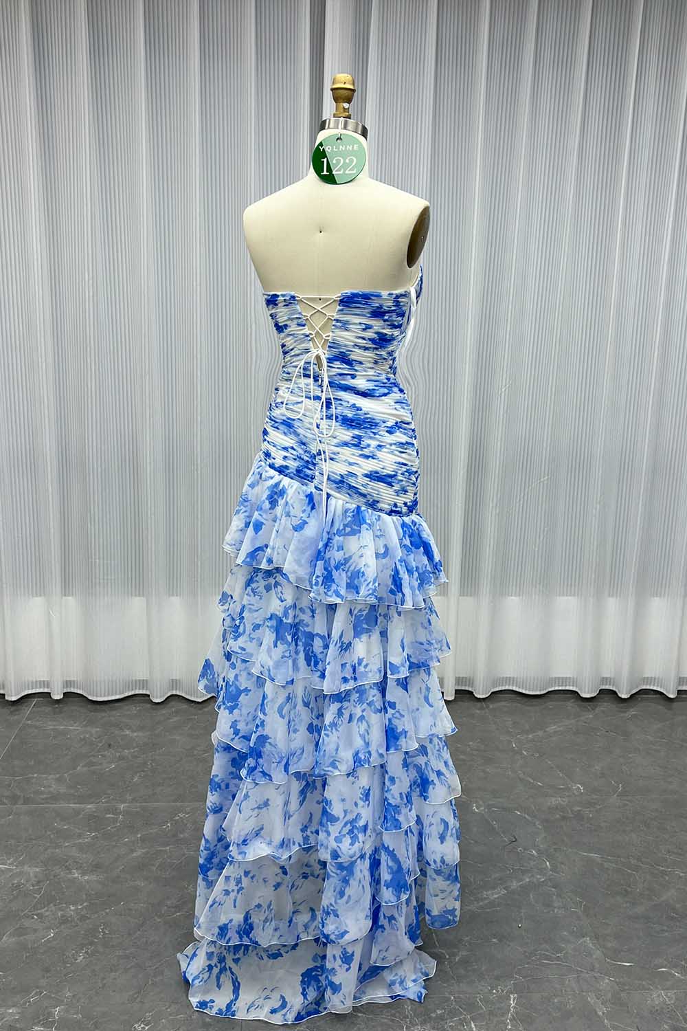 YQLNNE 0122 Pink Print Flowers Long Prom Dress Lace-up