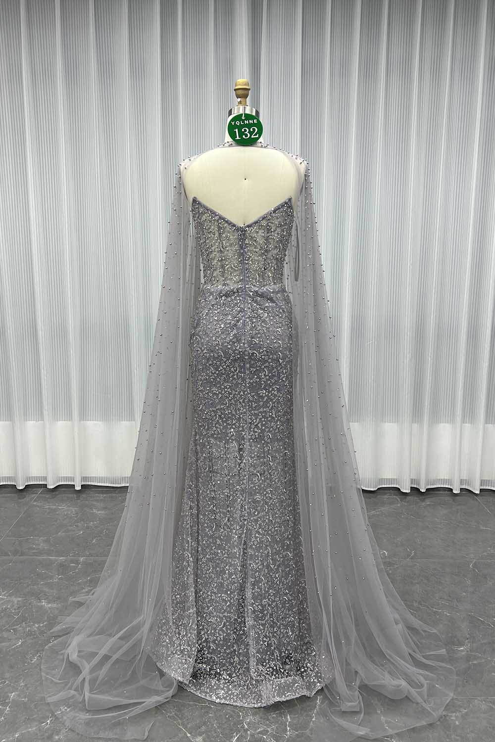 YQLNNE 0132 Dusty Lilac Pearls Beaded Evening Dress With Shawl