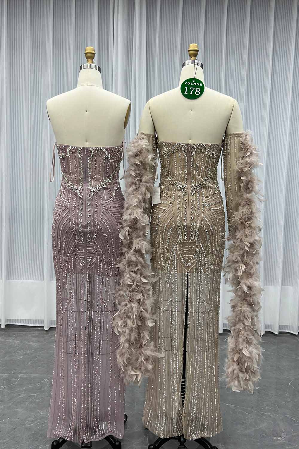 YQLNNE 0178 Pink Feathers Crystals Beaded Evening Dress Mermaid Removable Train